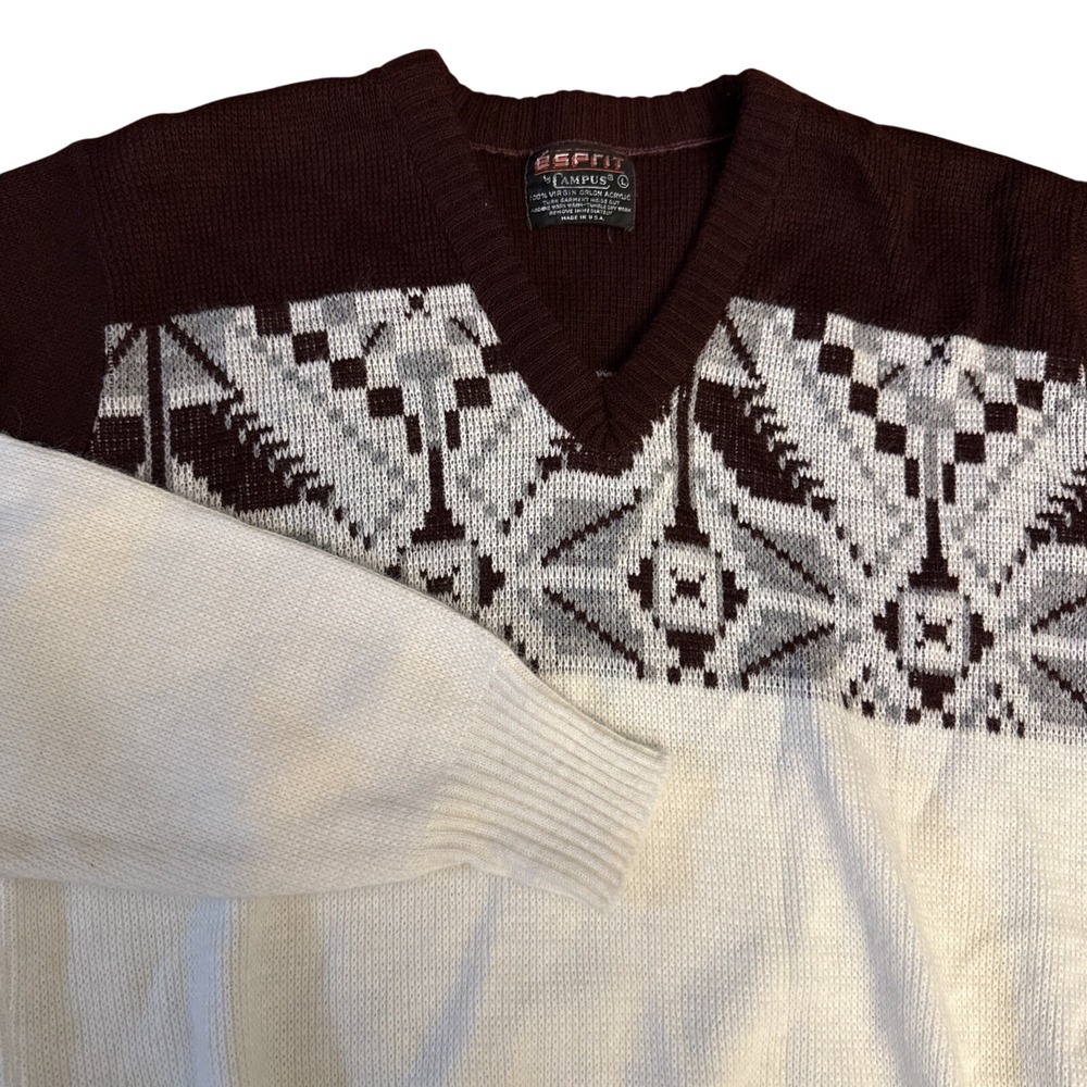 Esprit by Campus Womens Brown Cream Geometric V-Neck Acrylic Sweater L USA